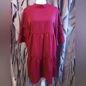Zanzea Adorable Deep Red Short Dress Woman S Bell Sleeves EUC Mandarin Collar